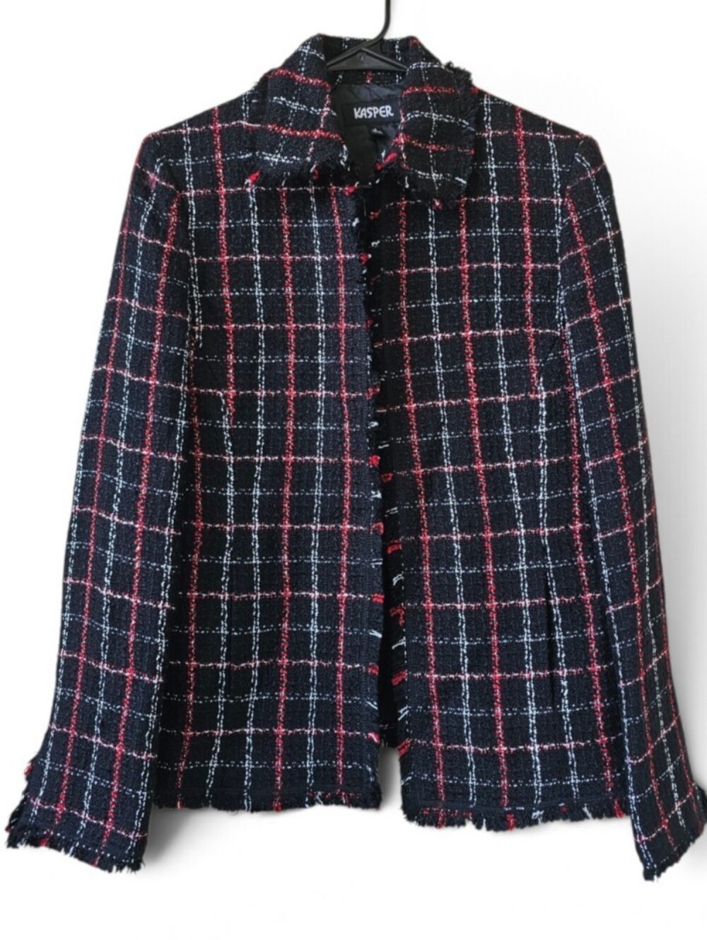 Kasper Tweed Raw Edge Blazer Red Black & White Plaid Size 6